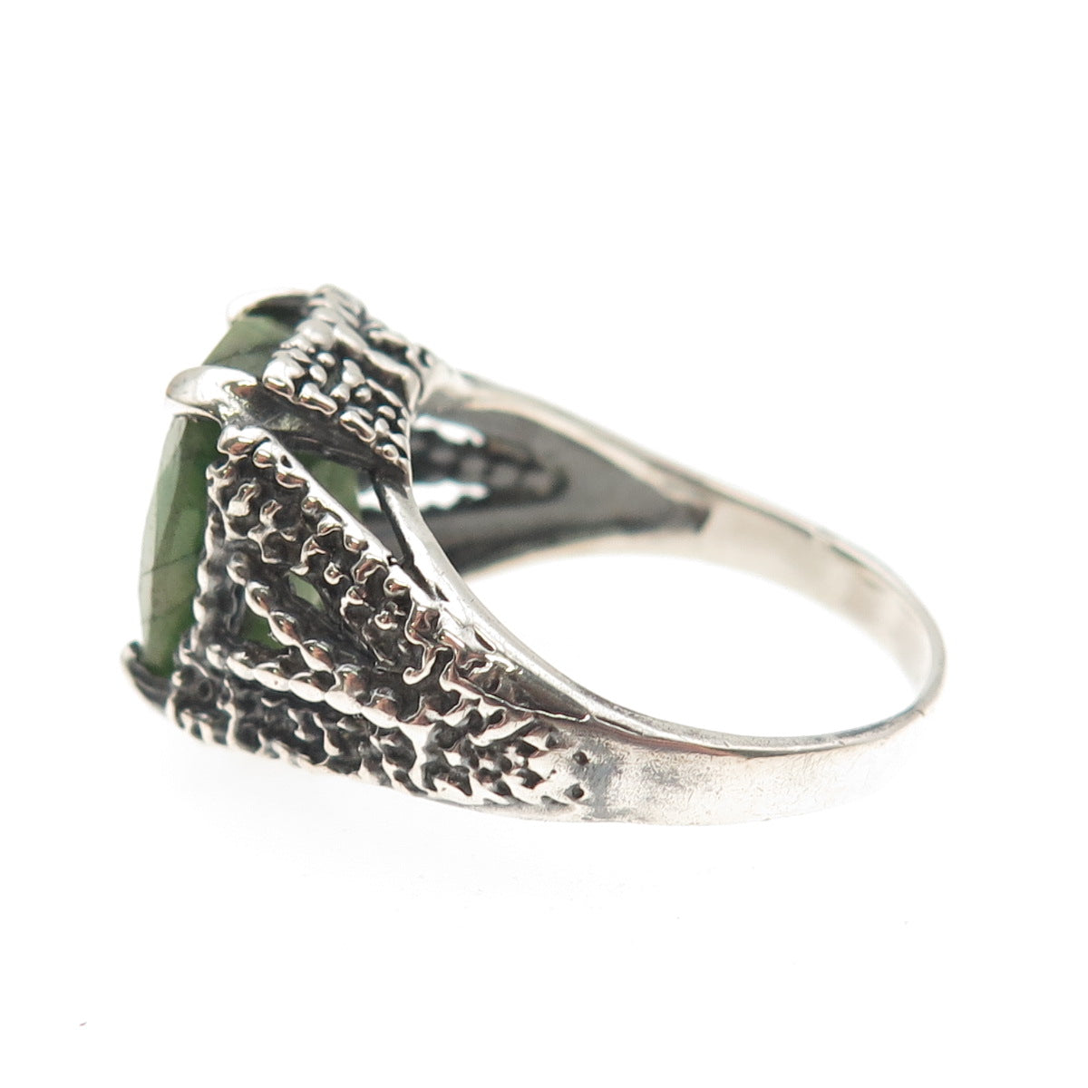 925 Sterling Silver Vintage Real Emerald Modernist Oxidized Ring Size 9.75