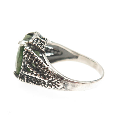 925 Sterling Silver Vintage Real Emerald Modernist Oxidized Ring Size 9.75