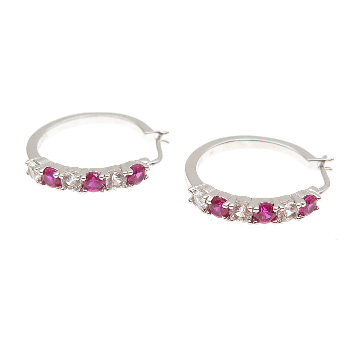925 Sterling Silver Real Round-Cut White Topaz & Lab-Created Ruby Hoop Earrings