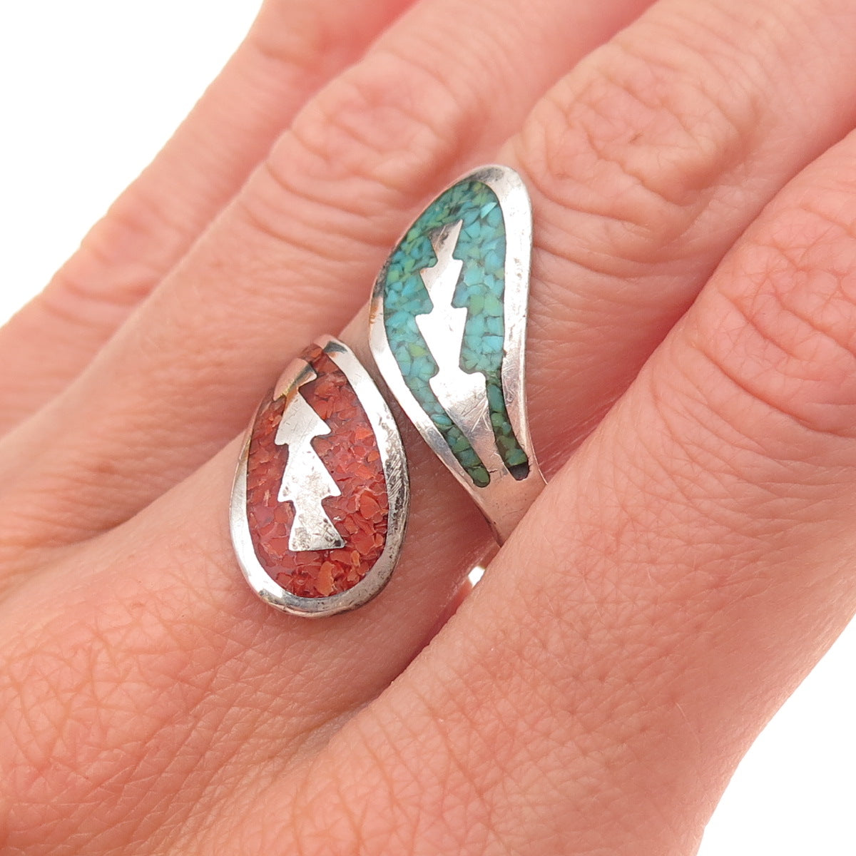 Joe Tom Navajo Old Pawn Sterling Turquoise & Coral Inlay Adjustable Ring Size 10