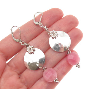 925 Sterling Silver Vintage Real Pink Agate Modernist Disc Dangle Earrings