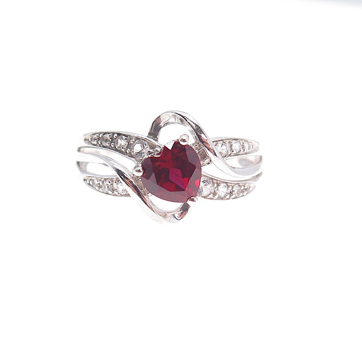925 Sterling Silver Real White Topaz & Lab-Created Ruby Heart Ring Size 9