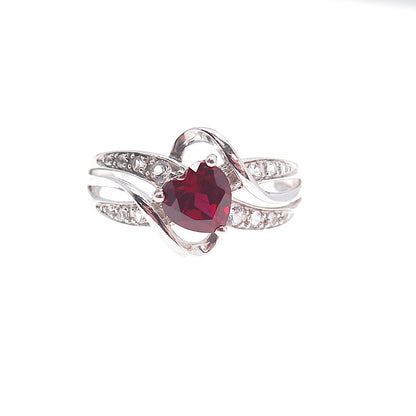 925 Sterling Silver Real White Topaz & Lab-Created Ruby Heart Ring Size 9