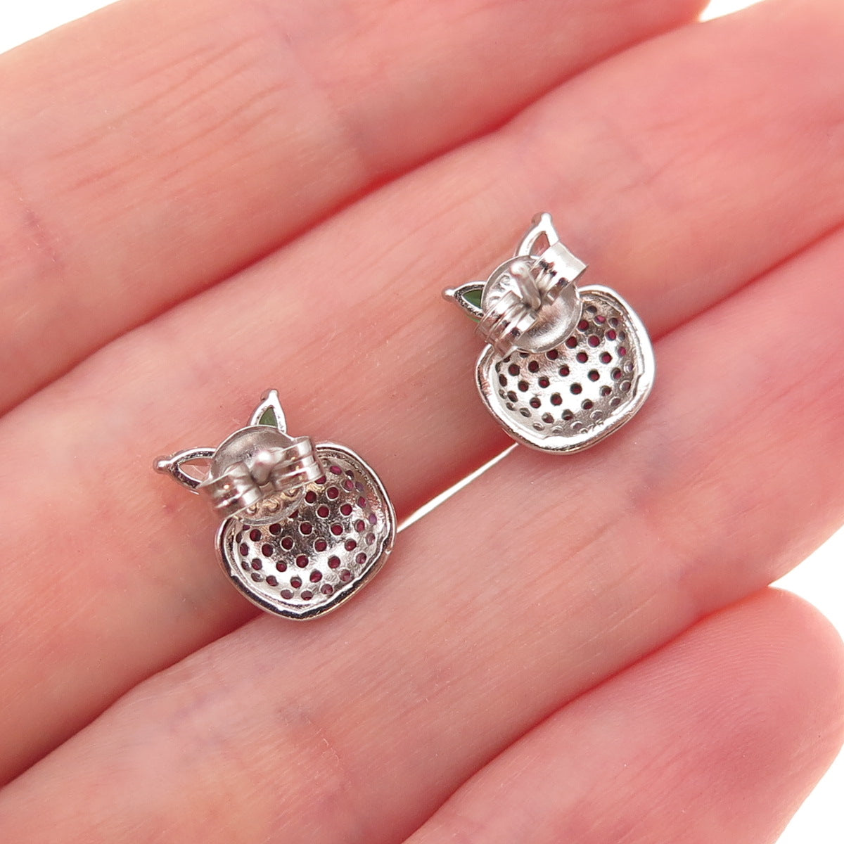925 Sterling Silver White Green & Pink C Z Apple Stud Earrings