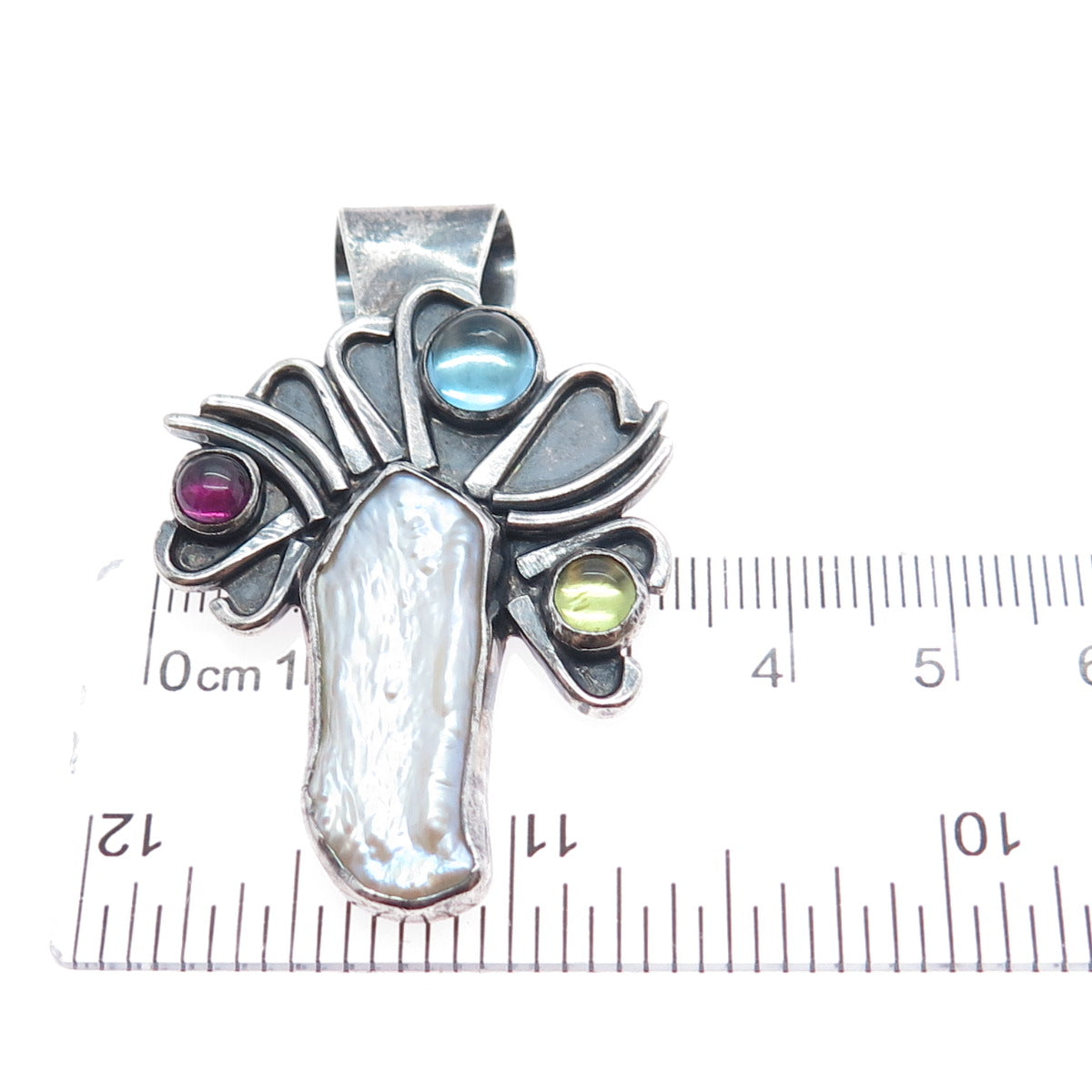 925 Sterling Silver Vintage Real Pearl Topaz Peridot Amethyst Modernist Pendant