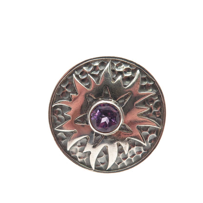 925 Sterling Silver Vintage Real Amethyst Modernist Sun Oxidized Ring Size 6