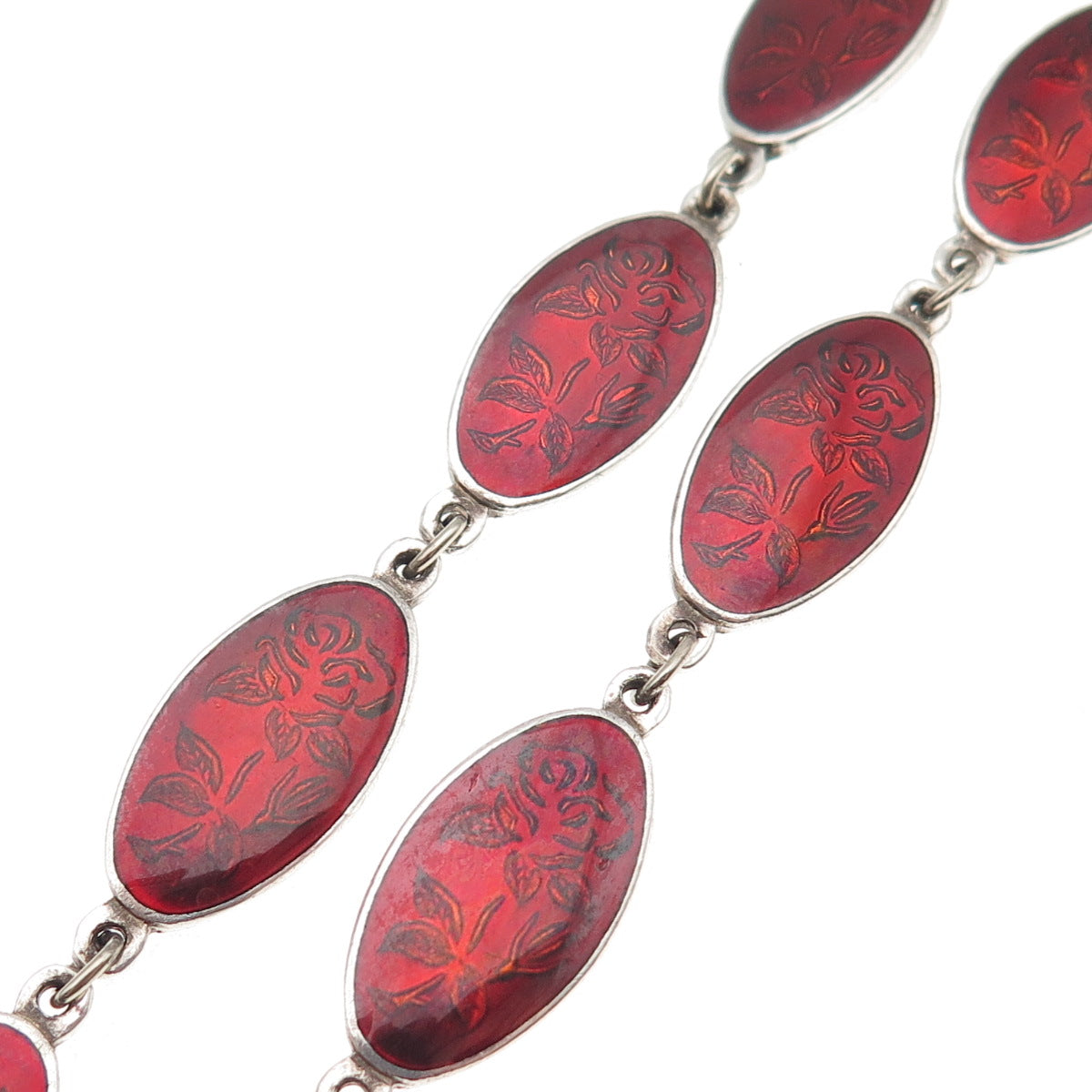 925 Sterling Silver Antique Art Deco Enamel Rose Floral Chain Necklace 16"