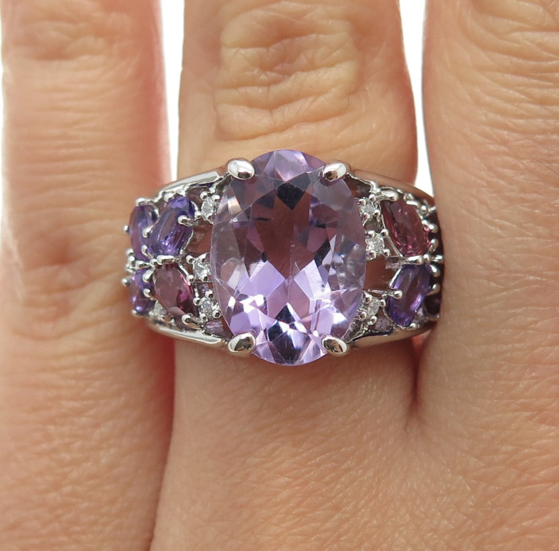 925 Sterling Silver Real Purple & Pink Amethyst & C Z Cluster Ring Size 6.75