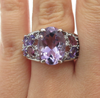 925 Sterling Silver Real Purple & Pink Amethyst & C Z Cluster Ring Size 6.75