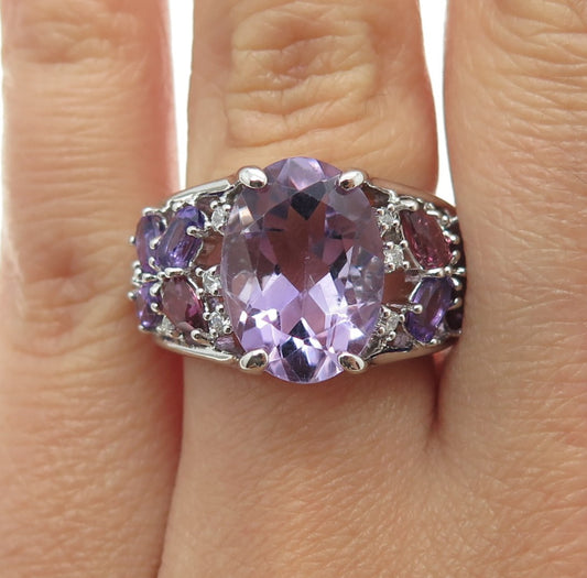 925 Sterling Silver Real Purple & Pink Amethyst & C Z Cluster Ring Size 6.75