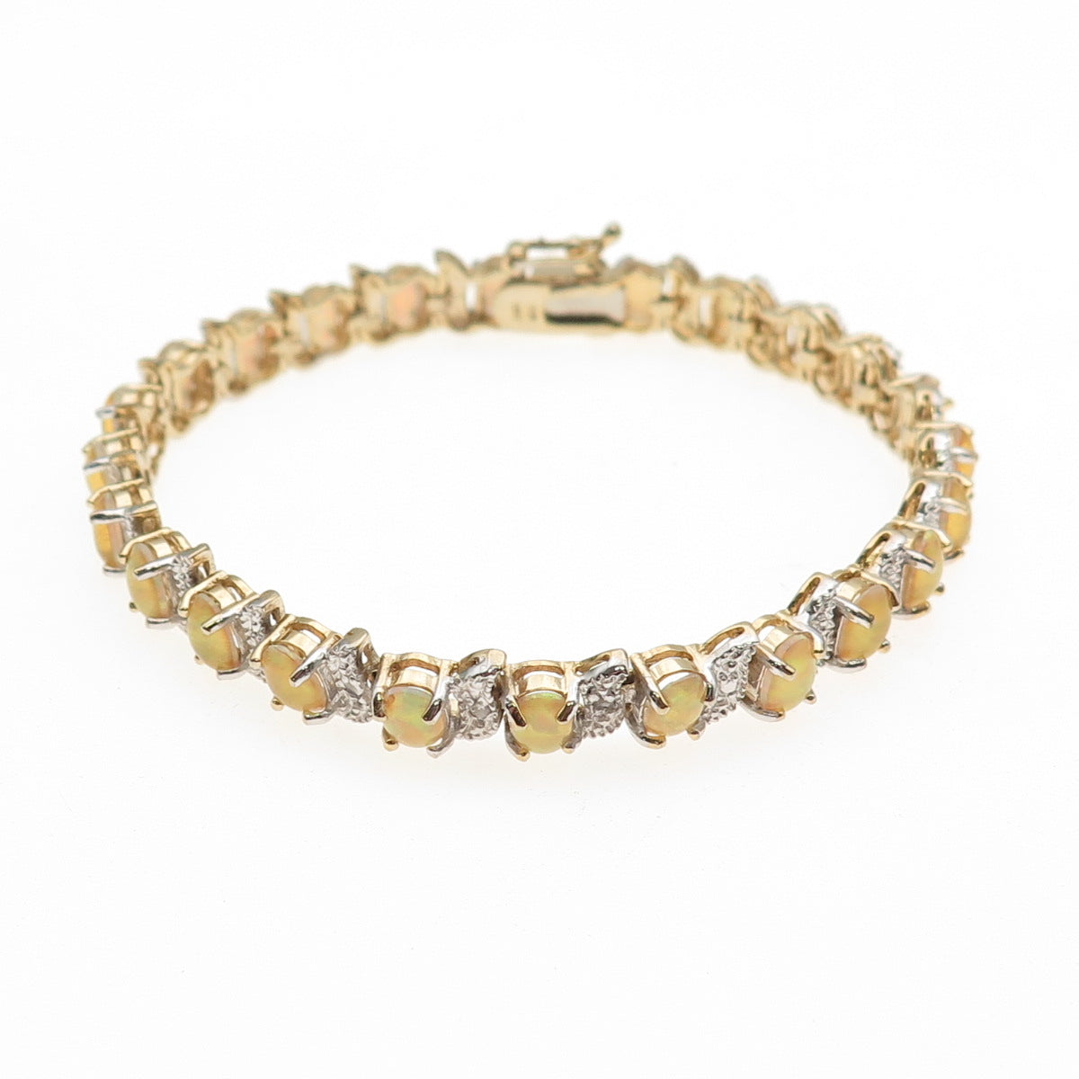 925 Sterling Silver Real Round-Cut Diamond & Cabochon Opal Bracelet 7"