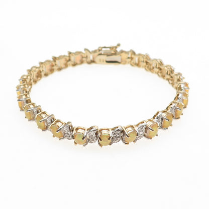 925 Sterling Silver Real Round-Cut Diamond & Cabochon Opal Bracelet 7"