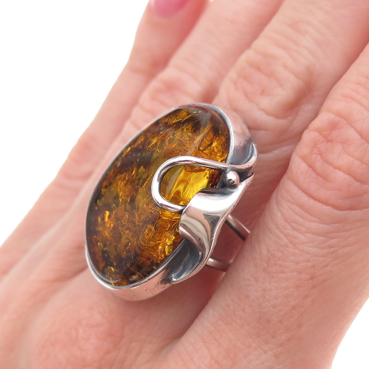 925 Sterling Silver Vintage Real Amber Modernist Oxidized Ring Size 8.25