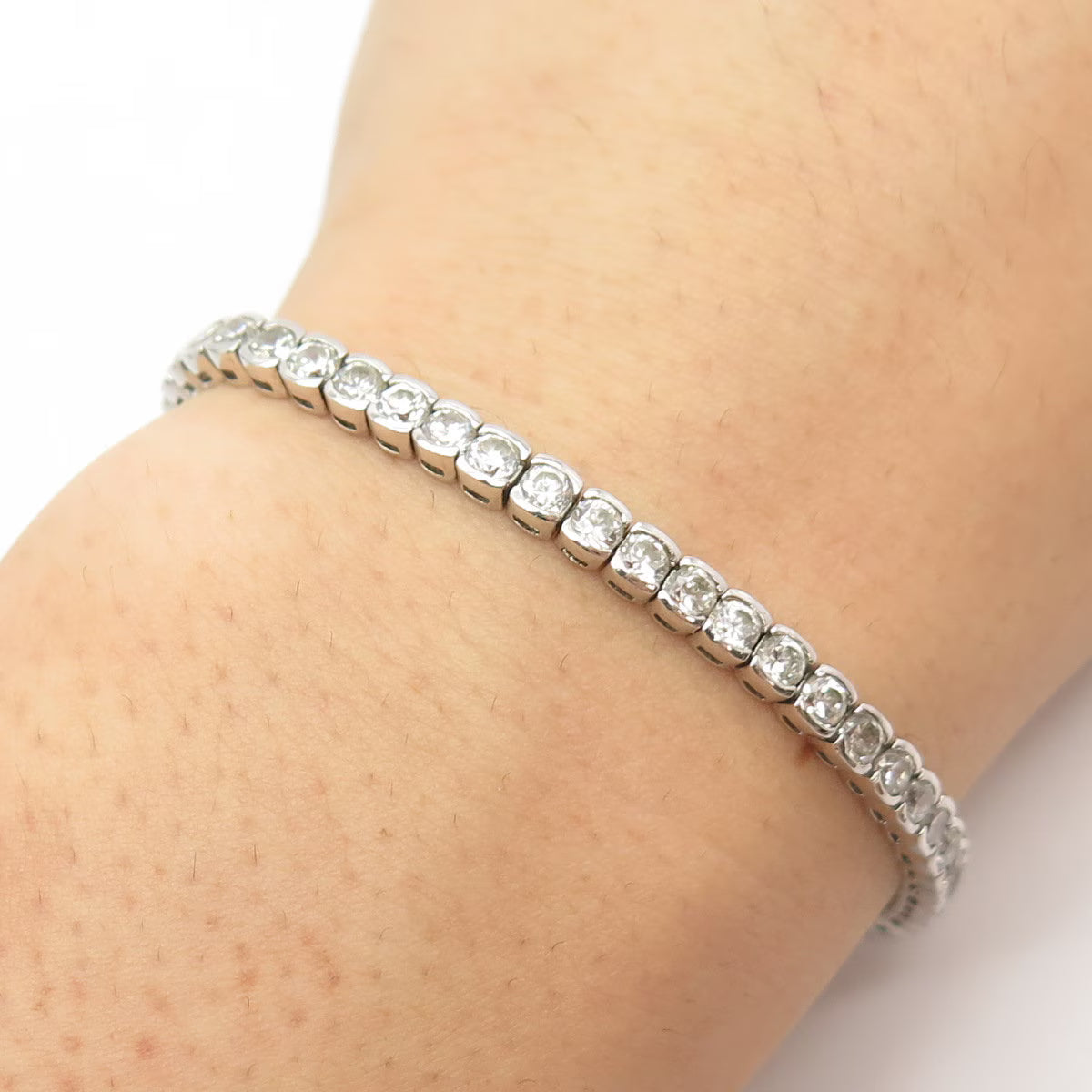 925 Sterling Silver Vintage C Z Round Tennis Link Bracelet 7"