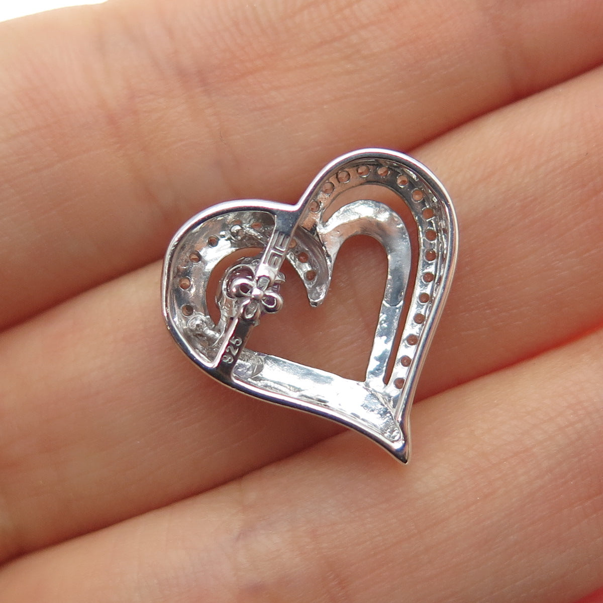 925 Sterling Silver Real Round-Cut Amethyst White Topaz Heart Mini Slide Pendant