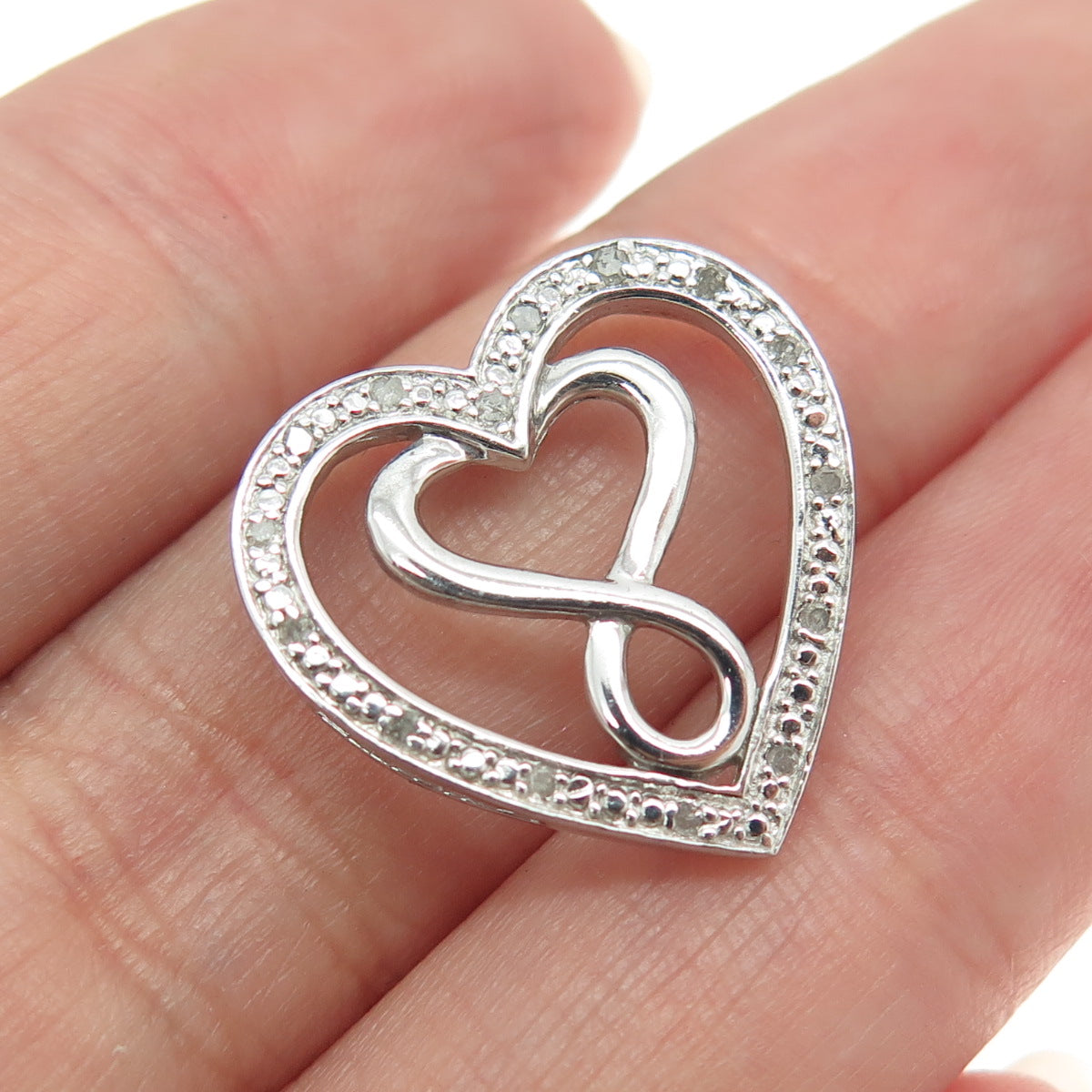 925 Sterling Silver Real Round-Cut Diamond Heart Slide Pendant