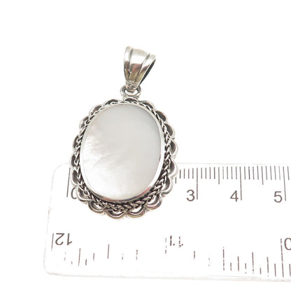 925 Sterling Silver Vintage Real MOP Floral Oxidized Pendant