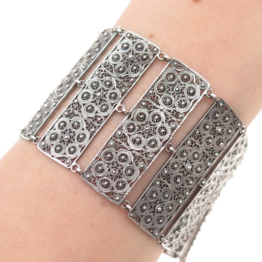 925 Sterling Silver Antique Art Deco Filigree Panel Link Oxidized Bracelet 7"