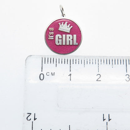 925 Sterling Silver Pink Enamel "It's A Girl" Round Tag Minimalist Charm Pendant