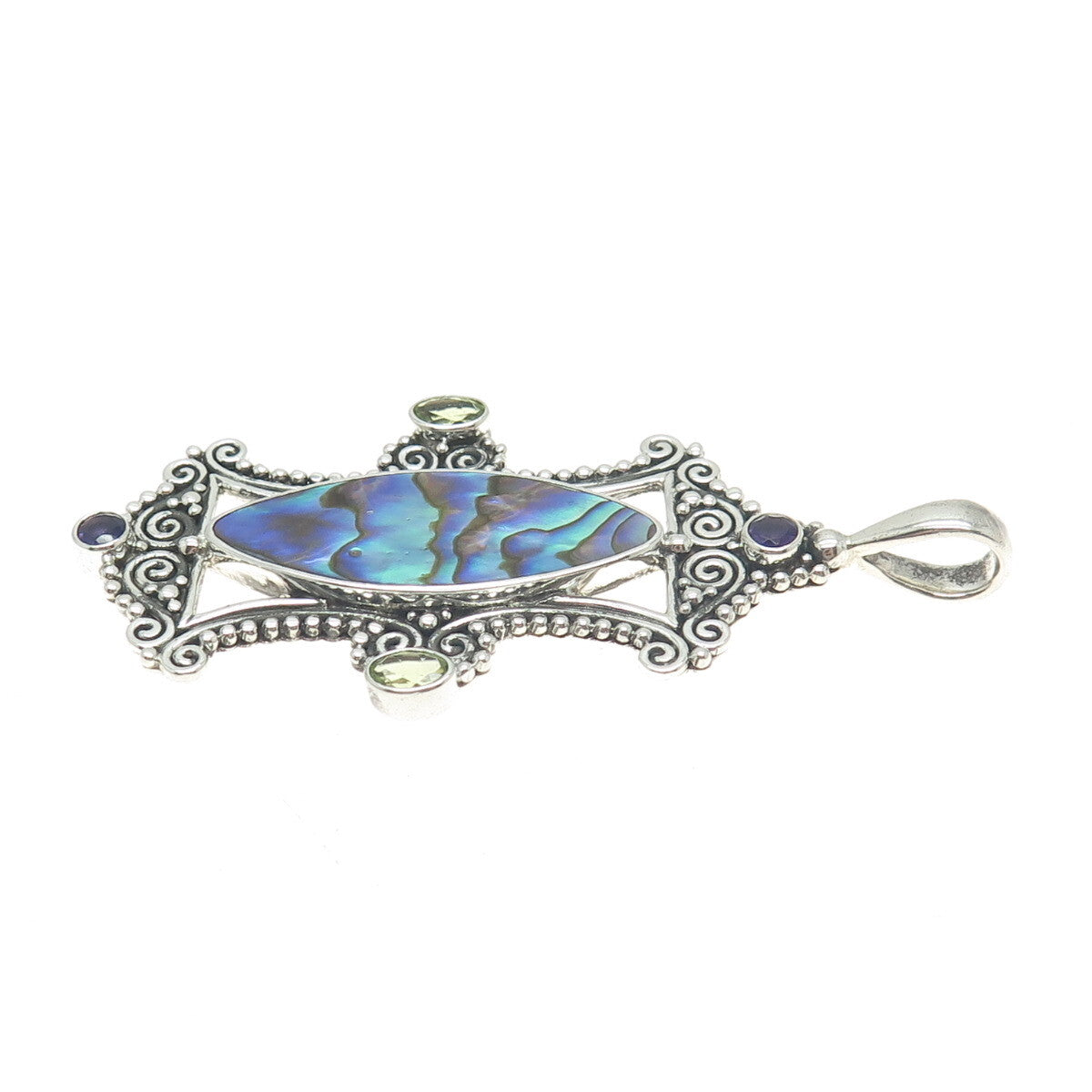 SAJEN 925 Sterling Vintage Abalone Shell Peridot & Amethyst Gem Ornate Pendant