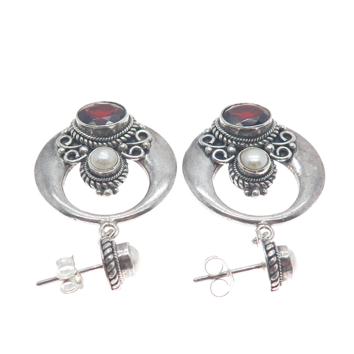 925 Sterling Silver Vintage Real Pearl & Red Garnet Crescent Dangle Earrings