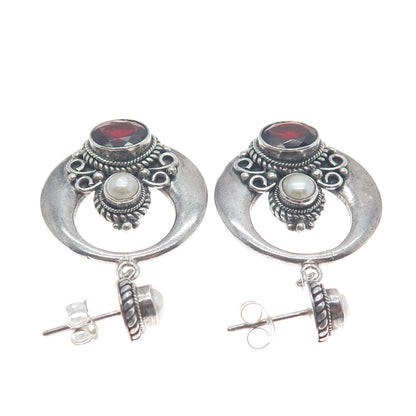 925 Sterling Silver Vintage Real Pearl & Red Garnet Crescent Dangle Earrings