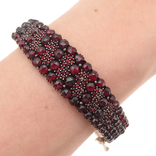 925 Sterling GF Antique Art Deco Bohemian Garnet Bracelet 7" (missing 1 stone)