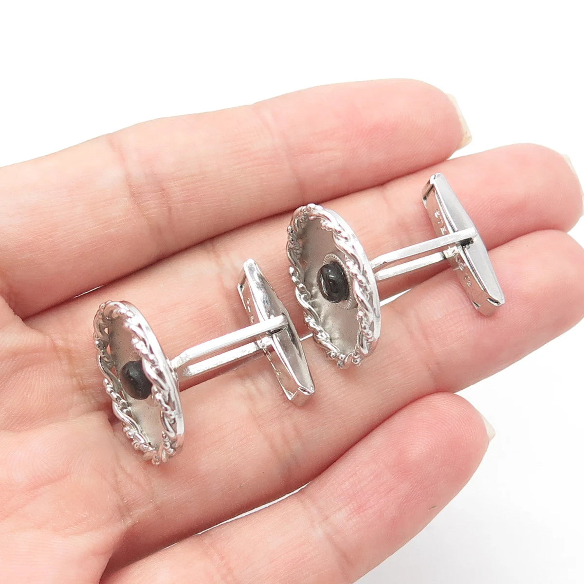 925 Sterling Silver Vintage Real Cabochon Sapphire Gem Swirl Round Cufflinks