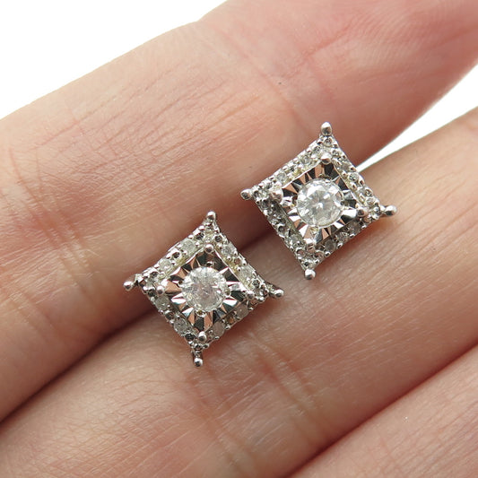 925 Sterling Silver Real White Diamond Square Stud Earrings