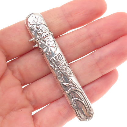 925 Sterling Silver Vintage Floral Repousse Oxidized Needle Case