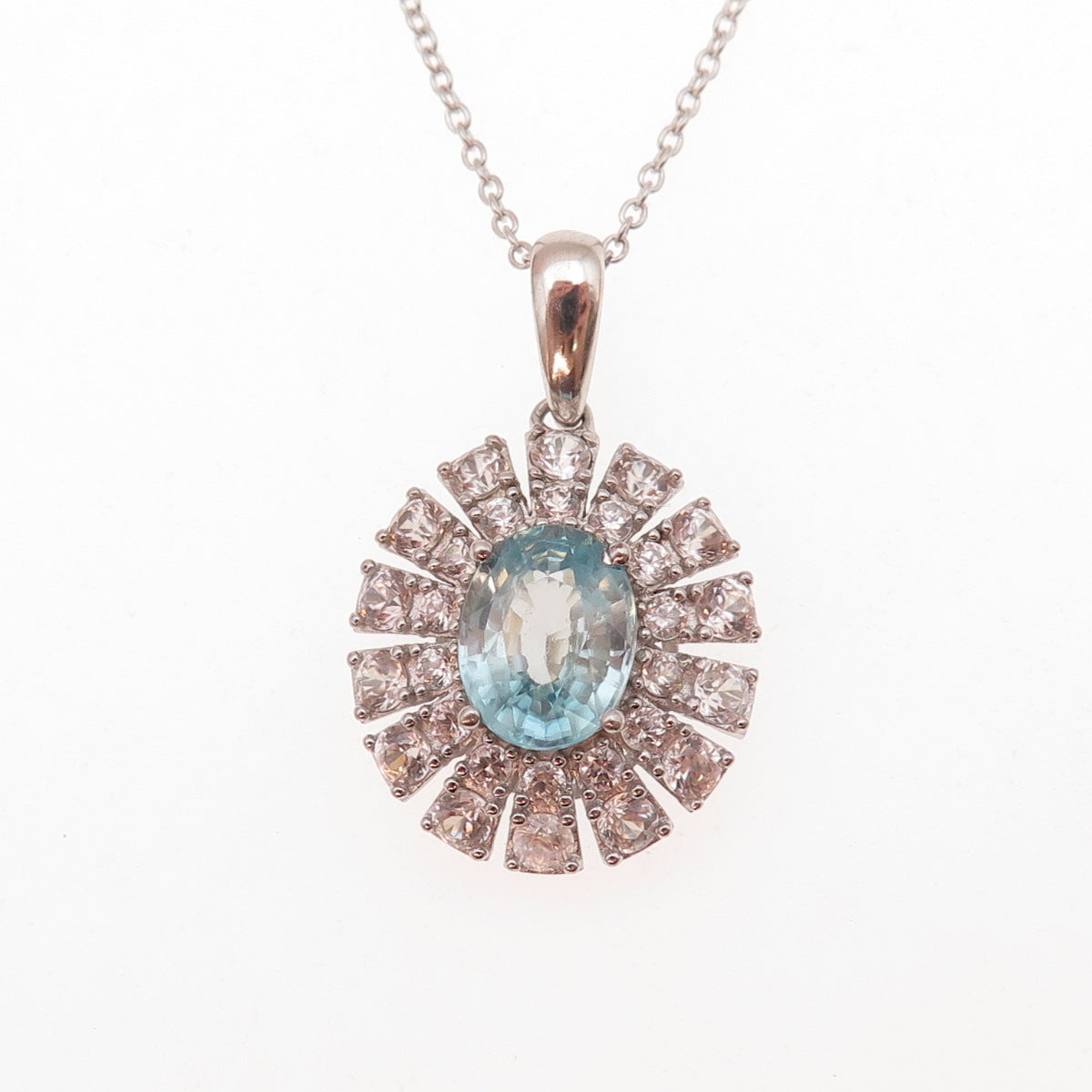 925 Sterling Silver Real Blue & White Topaz Floral Cable Chain Necklace 18"