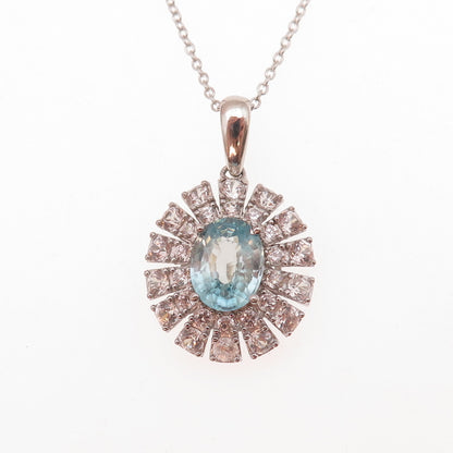 925 Sterling Silver Real Blue & White Topaz Floral Cable Chain Necklace 18"