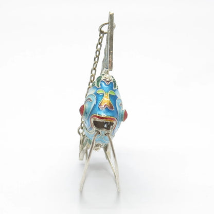 925 Sterling Silver Antique Enamel Chinese Koi Fish Articulated Chatelaine Fob