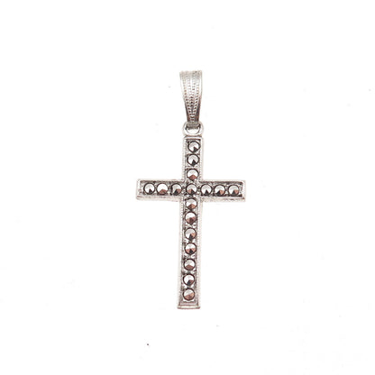 925 Sterling Silver Antique Art Deco Real Marcasite Cross Oxidized Charm Pendant