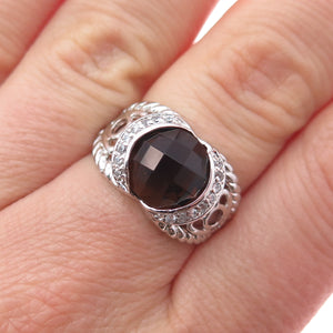 925 Sterling Silver Real Smoky Quartz & C Z Crisscross Ring Size 7