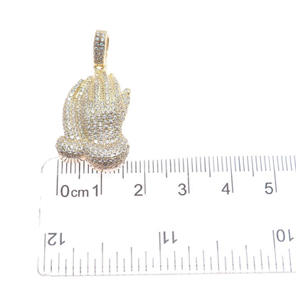 925 Sterling Silver Gold Plated Round-Cut C Z Praying Hands Charm Pendant