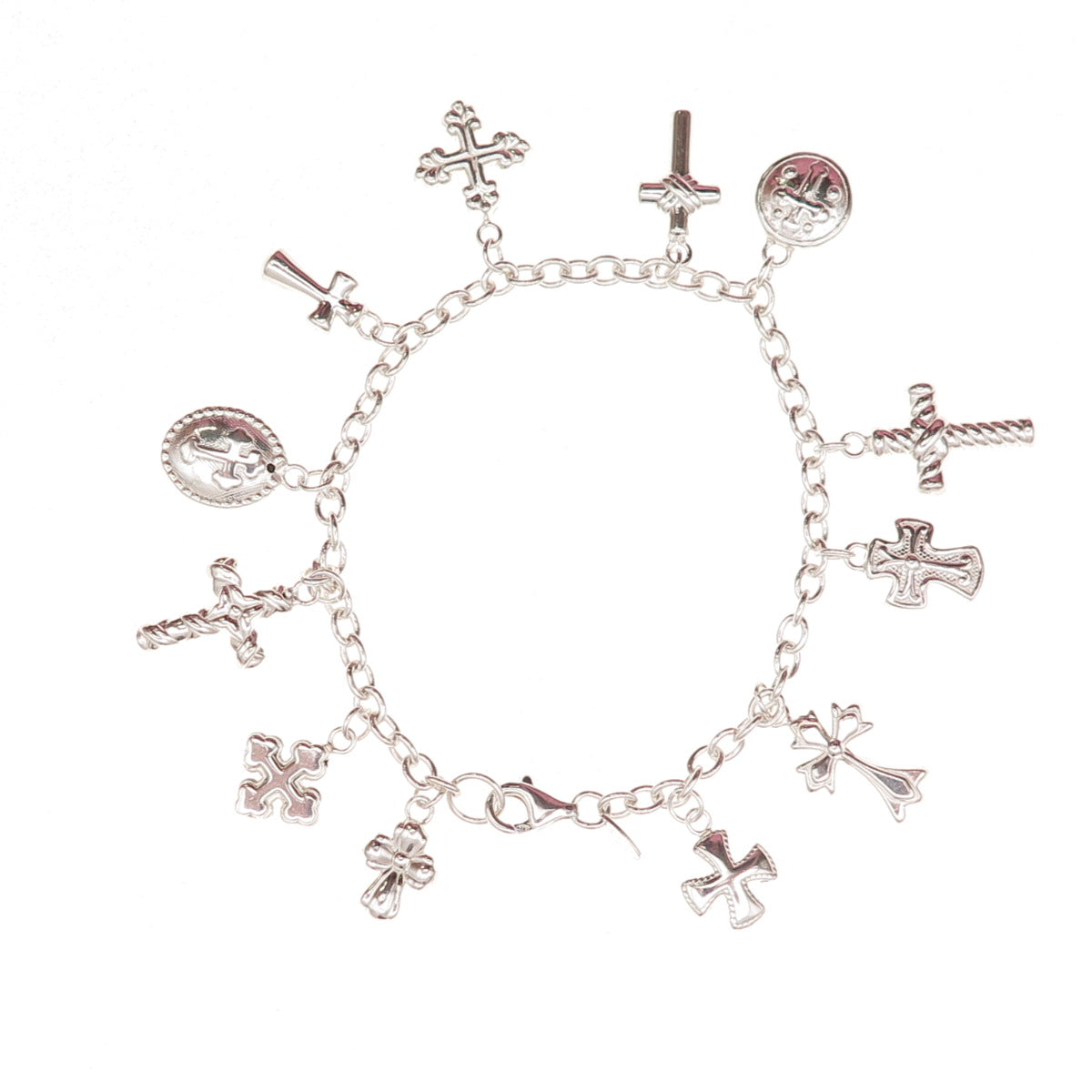 Jacmel Mauritius 925 Sterling Silver Vintage Cross Dangle Charms Bracelet 7.75"