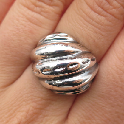 925 Sterling Silver Vintage Modernist Ribbed Dome Oxidized Ring Size 7