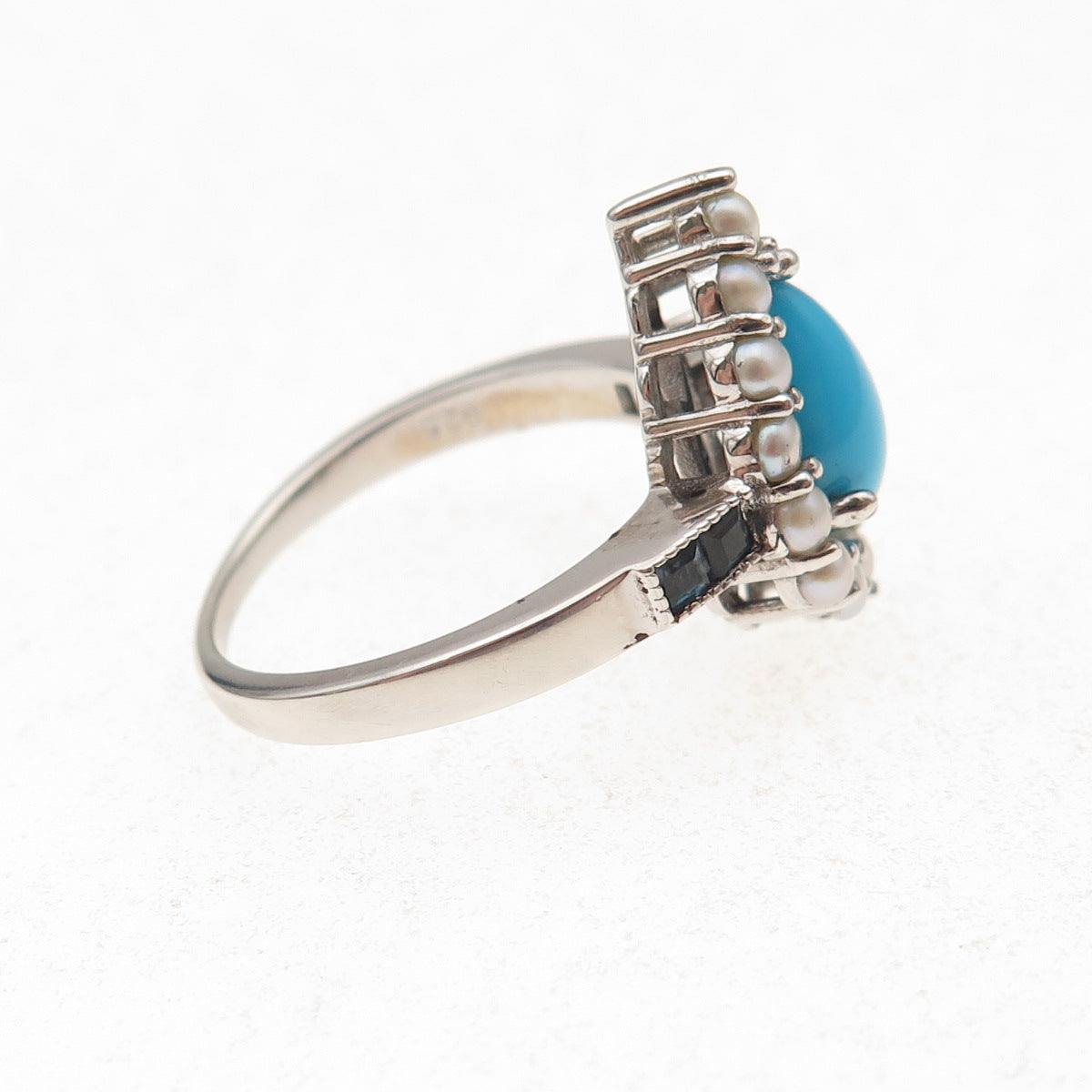 925 Sterling Silver Real Turquoise Pearl & London Blue Topaz Ring Size 8