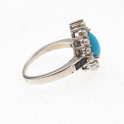 925 Sterling Silver Real Turquoise Pearl & London Blue Topaz Ring Size 8