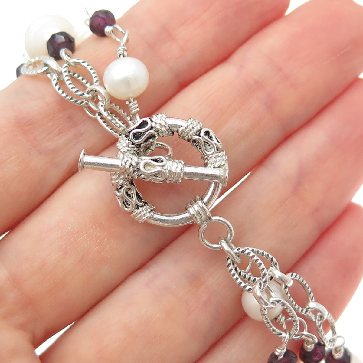 SX SALLY C 925 Sterling Vintage Real Amethyst & Pearl Multi-Chain Necklace 16"