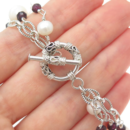 SX SALLY C 925 Sterling Vintage Real Amethyst & Pearl Multi-Chain Necklace 16"