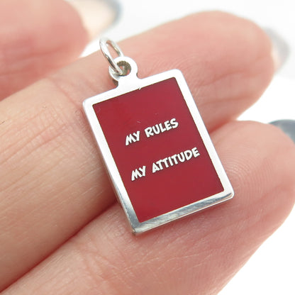 925 Sterling Silver Red Enamel "My Rules My Attitude" Minimalist Charm Pendant