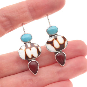 925 Sterling Silver Vintage Real Turquoise & Carnelian Dangle Earrings