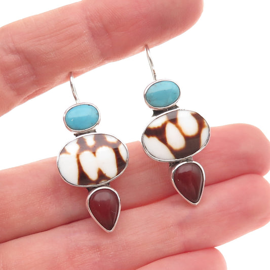 925 Sterling Silver Vintage Real Turquoise & Carnelian Dangle Earrings