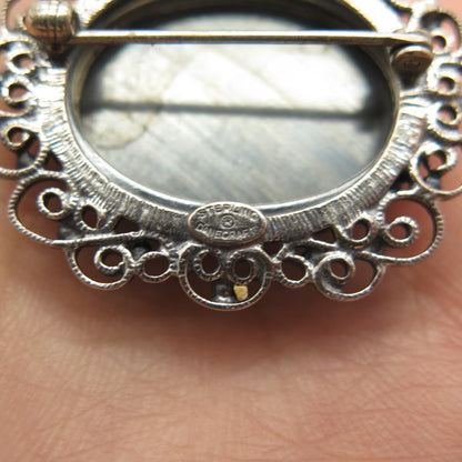 925 Sterling Silver Vintage Danecraft Real Hematite Gemstone Ornate Pin Brooch