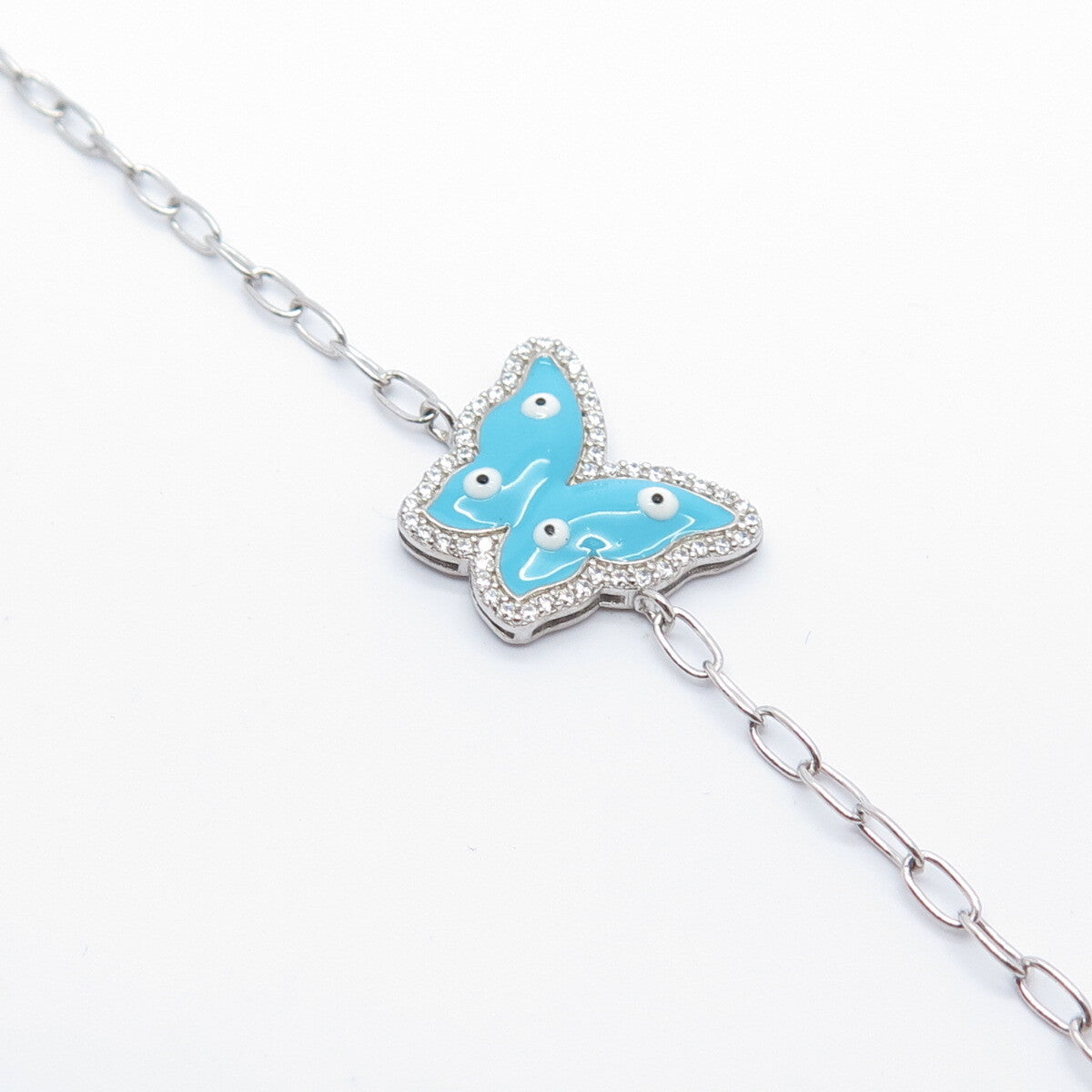 925 Sterling Silver C Z & Enamel Butterfly Rolo Link Bracelet 6.5"