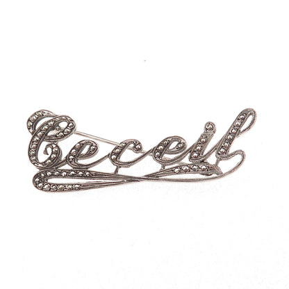 925 Sterling Silver Antique Art Deco Real Marcasite Ceceil Name Pin Brooch