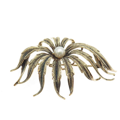 800 Silver Gold Plated Antique Art Deco Real Pearl Floral Pin Brooch