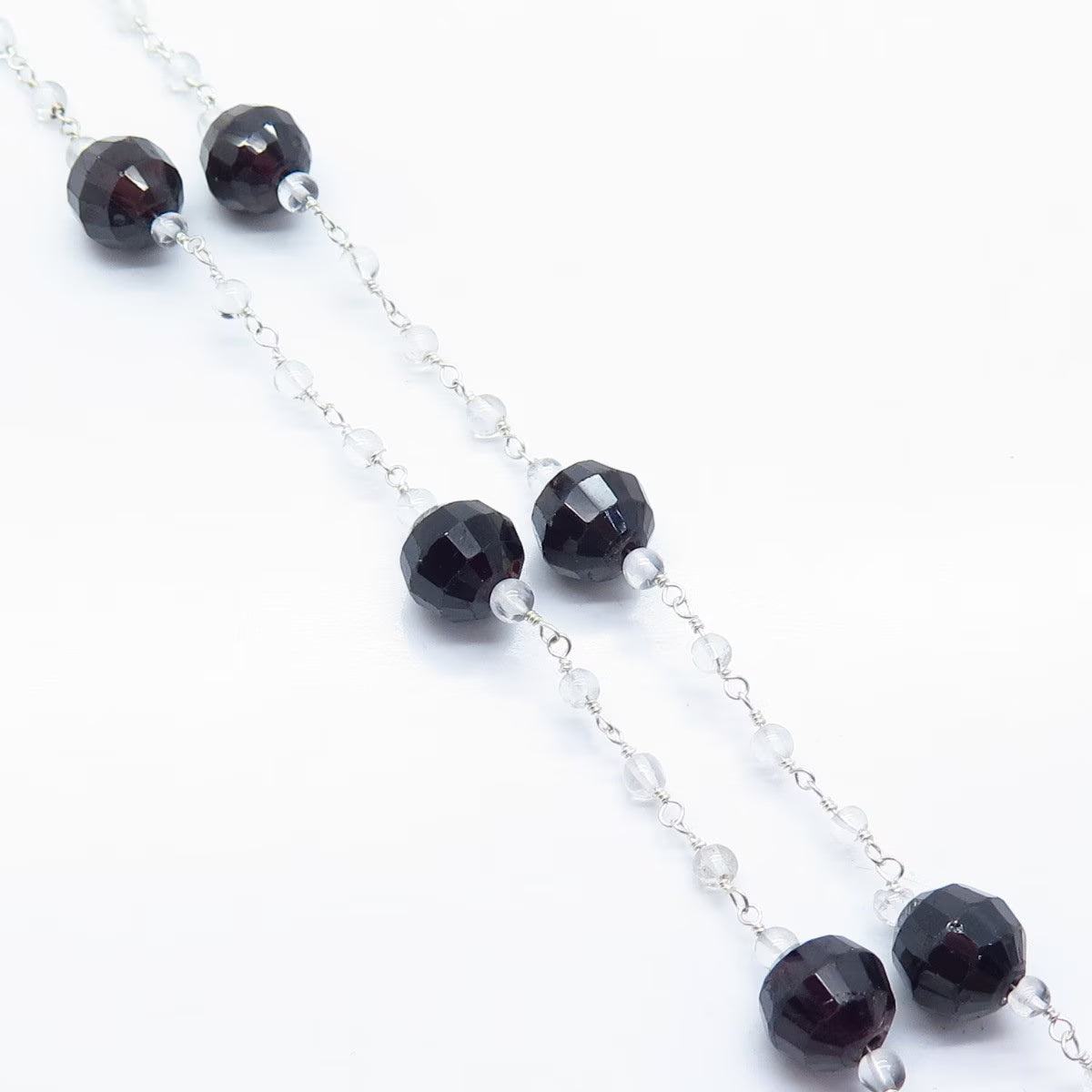 925 Sterling Silver Vintage Red Garnet & Clear Quartz Ball Chain Necklace 16"